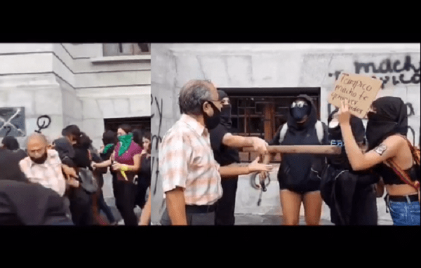 Joven feminista se burla de adulto mayor al que tiraron durante protesta #VIDEO