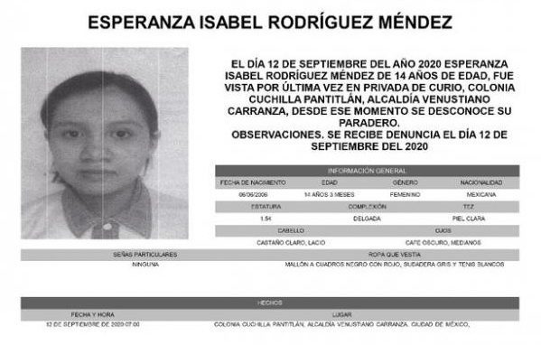 Esperanza Isabel, tiene 14 años y desapareció en la Venustiano Carranza #AlertaAmber