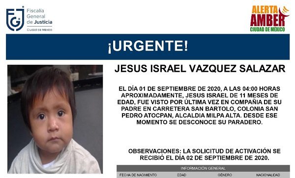 #AlertaAmber Jesús tiene 11 meses y desapareció en la alcaldía Milpa Alta