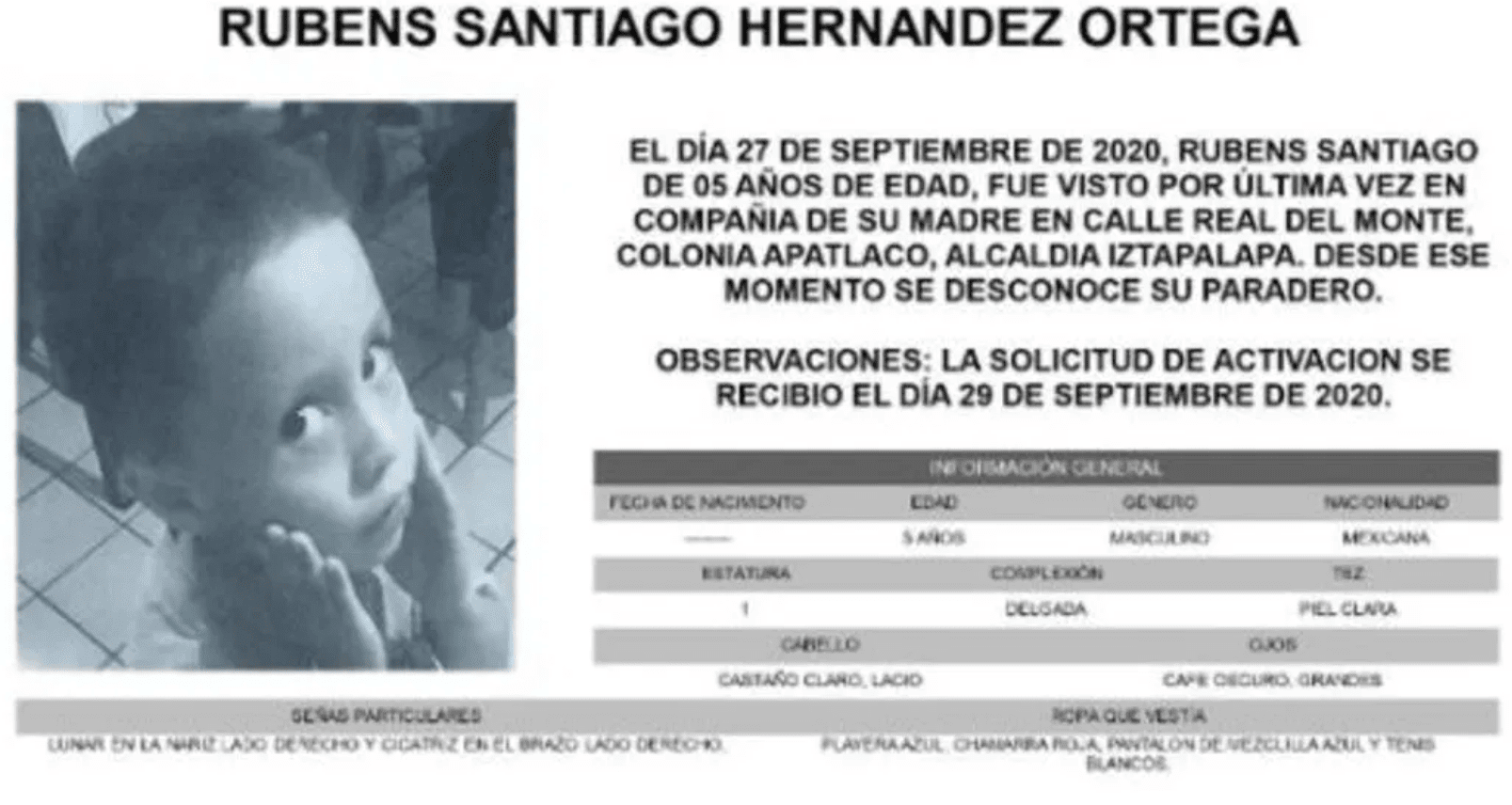 Buscan a Rubens Santiago Hernández Ortega, activan #AlertaAmber