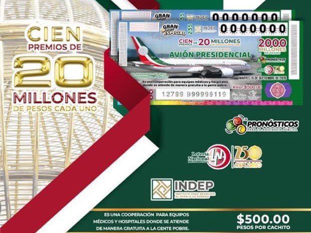Los premios de rifa de avión presidencial solo se pueden cobrar en el edificio de la Lotería Nacional