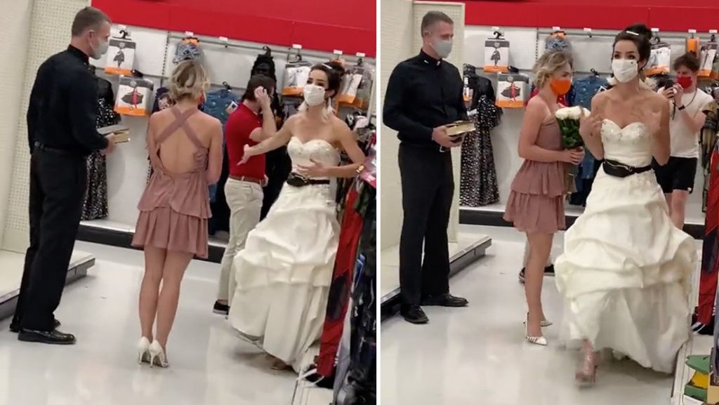 Con cura y vestido de novia, una mujer le marca ultimátum a su prometido #VIDEO