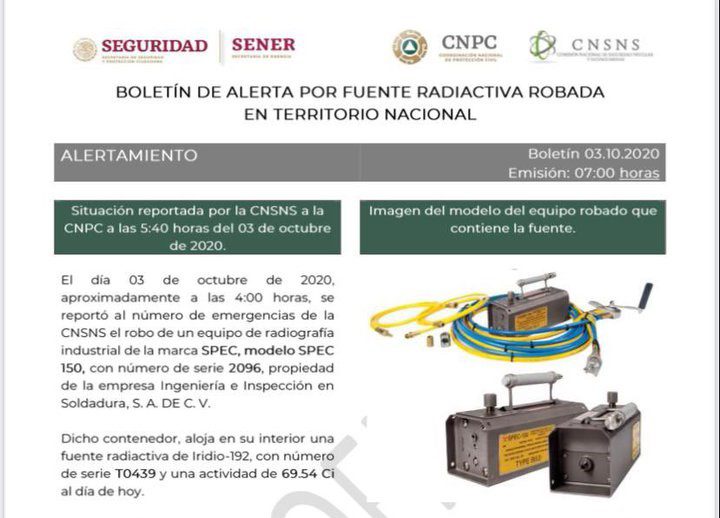Emiten alerta por robo de equipo radioactivo en la Calpulalpan-Texcoco