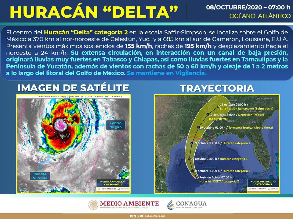 Delta sigue alejándose de territorio nacional, el sistema continuará dejando actividad de lluvias