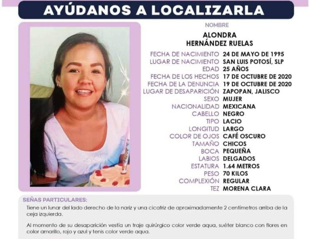 Alondra Hernández mide 1.64, es de tez morena clara y al momento de desaparecer portaba su uniforme quirúrgico de color verde