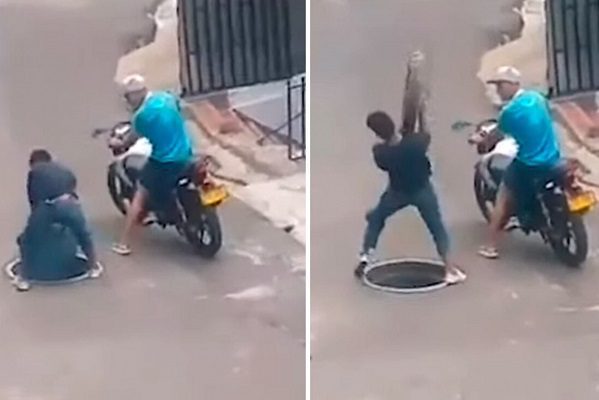 Así cayó por su propio peso un ladrón de alcantarillas #VIDEO
