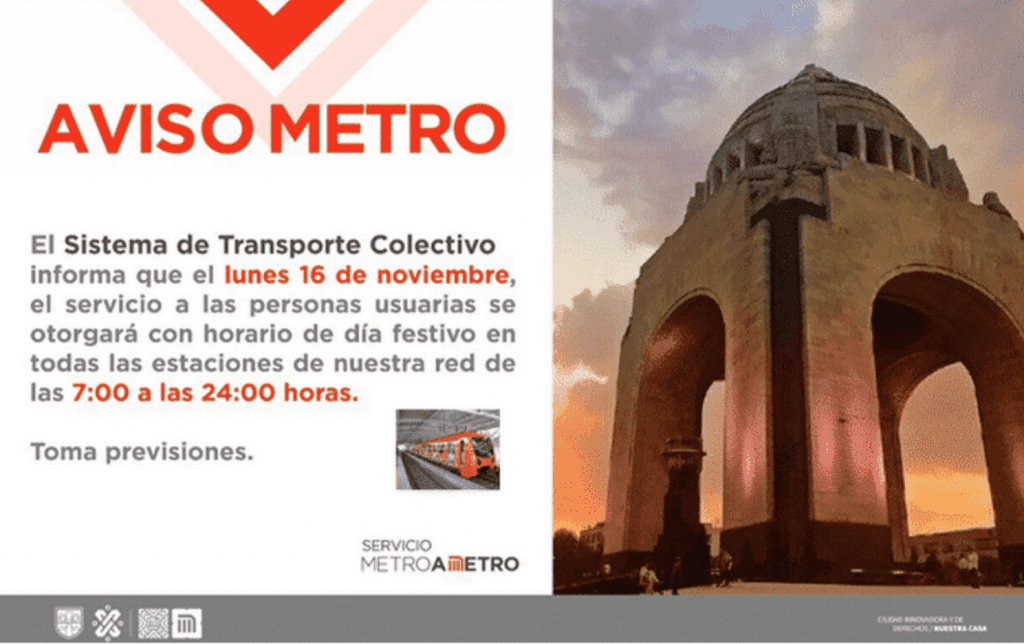 El próximo 16 de noviembre el Metro operará con horario de día festivo