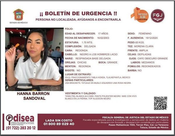 Hanna Barrón Sandoval desapareció en Tlalnepantla, ayudemos a que vuelva a casa #AlertaAmber