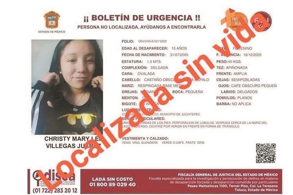 Tras nueve días de búsqueda, hallan muerta a Christy, de 15 años