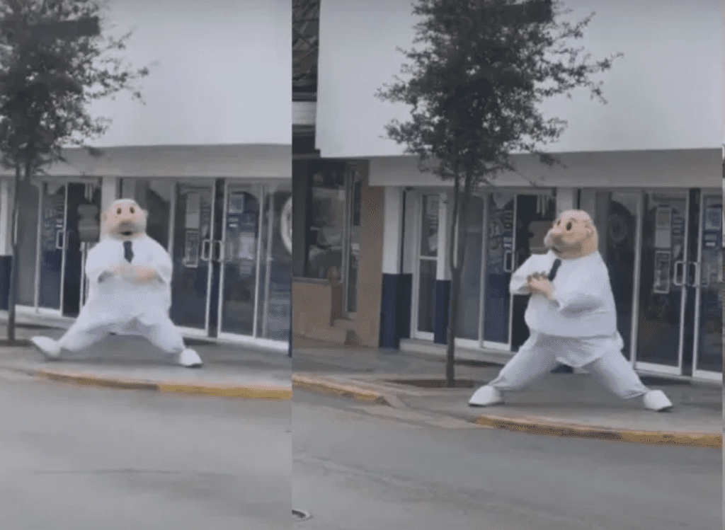 Hombre reta a botarga de "Dr. Simi" a duelo de baile y se viraliza #VIDEO