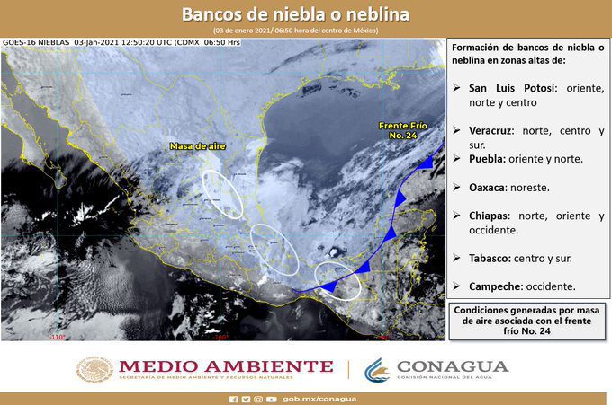 Frente frío 24 y masa de aire polar se dejan sentir en el territorio mexicano