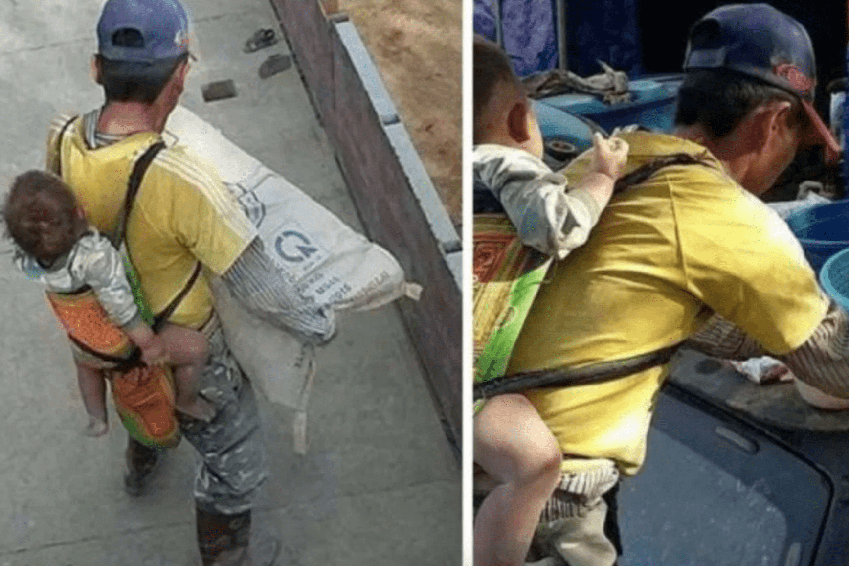 Albañil se viraliza al trabajar cargando a su bebé