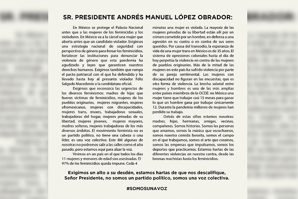 2 mil 500 mujeres exigen a AMLO un alto a la violencia