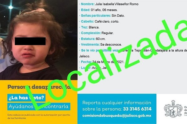 Localizan a pequeña integrante de familia desaparecida en Jalisco