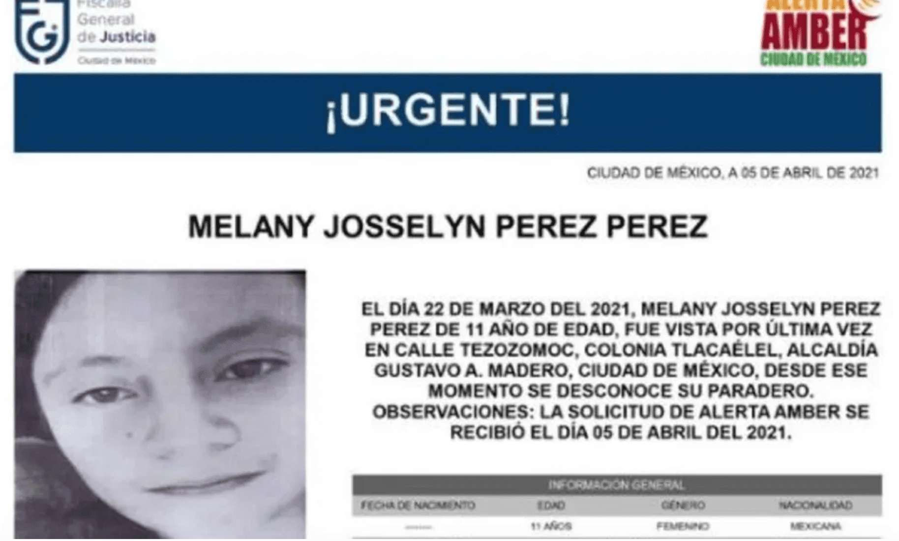 Activan Alerta Amber para localizar a Melany Josselyn Pérez Pérez de 11 años