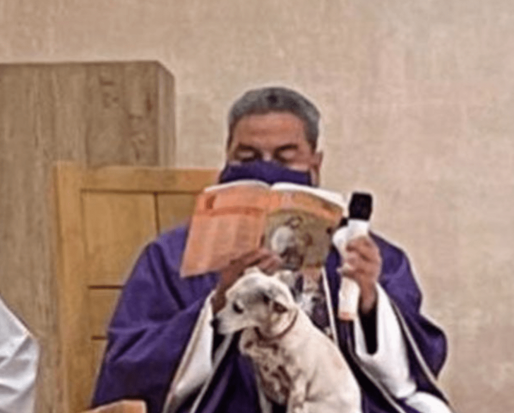 Sacerdote cuida a su mascota mientras oficia misa y se viraliza