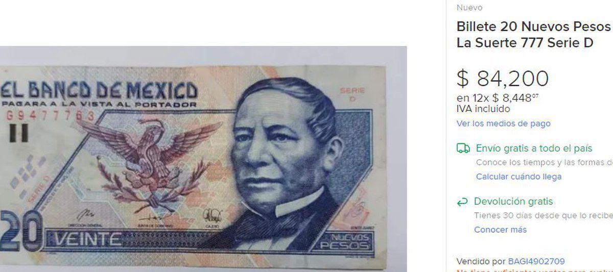Billete de 20 pesos se vende hasta más de 80,000 pesos