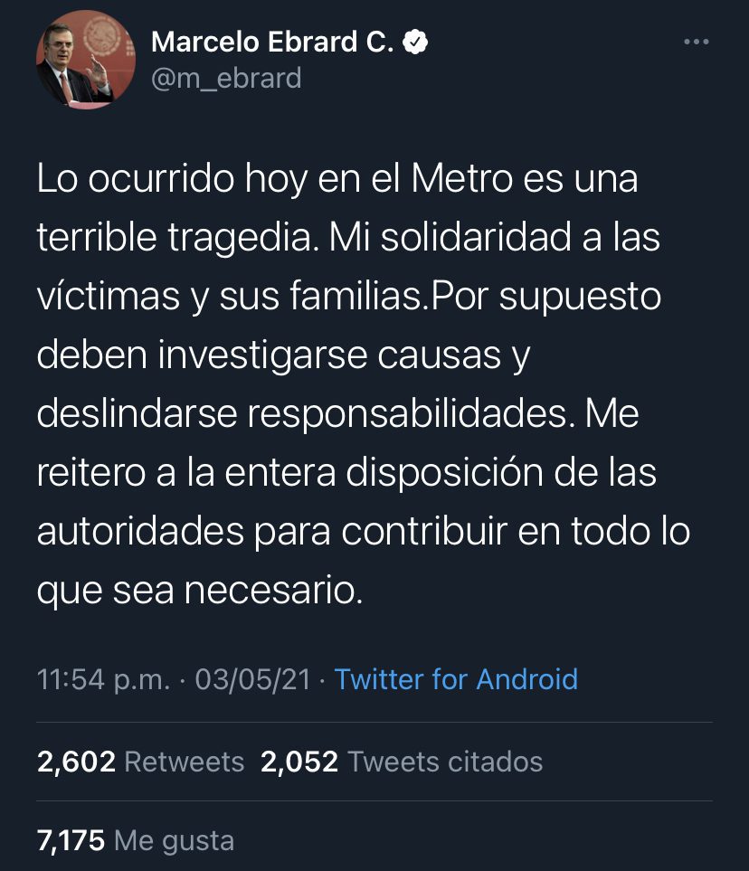 “Lo ocurrido hoy en el metro es una terrible tragedia”: Ebrard