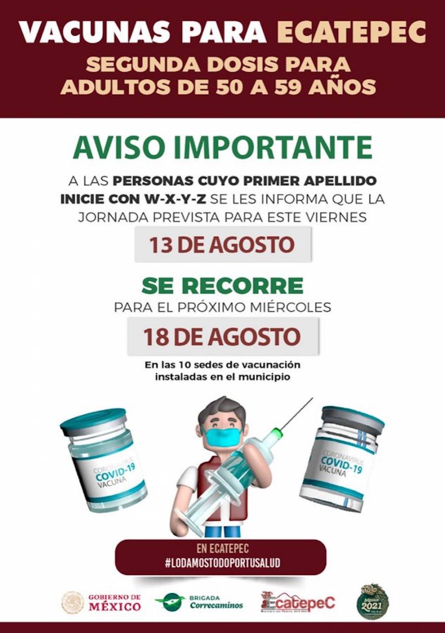 Cambia fecha de vacunación para personas de 50 a 59 años en el Ecatepec