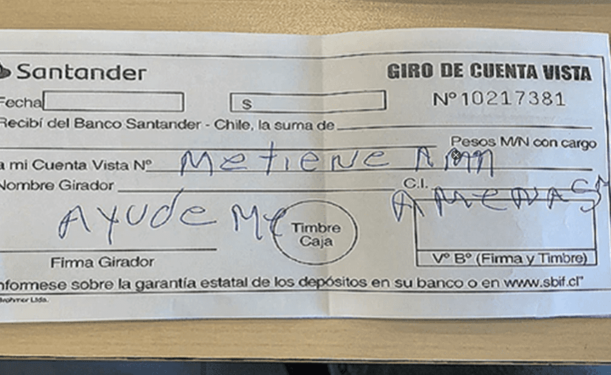 “Ayúdenme me tienen secuestrado” escribe hombre en cheque de sucursal