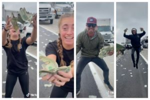 Camioneta de valores tira miles de dólares en autopista #VIDEO