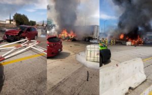 Choque múltiple ocasiona incendio en caseta San Marcos de la México-Puebla