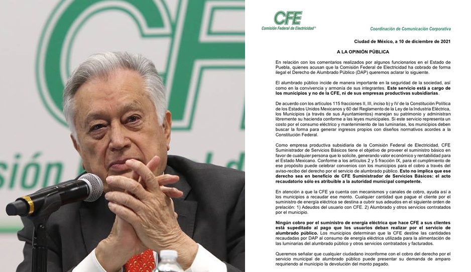 CFE niega cobro ilegal de alumbrado público en Puebla