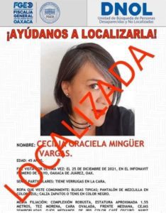 Fiscalía de Oaxaca confirma la localización de Cecilia Mingüer Vargas