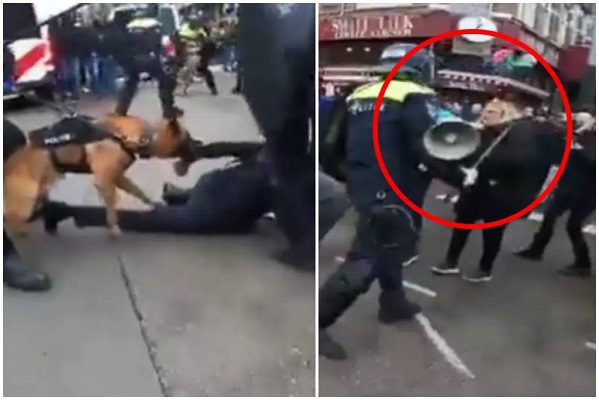 Con perros protectores, reprimen marcha contra confinamiento en Holanda #VIDEOS
