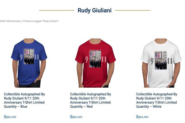 Rudy Giuliani, exgobernador de NY, causa polémica por colección de playeras del 9/11