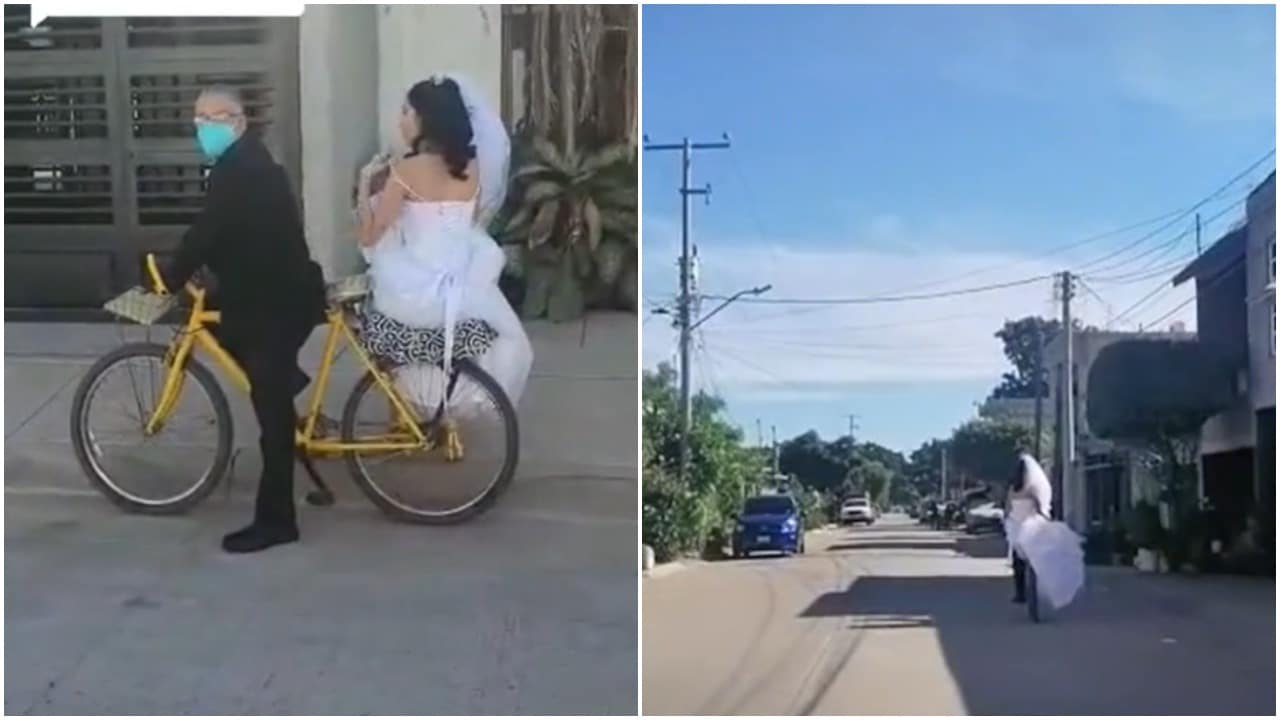 Papá lleva a su hija en bicicleta a la iglesia el día de su boda