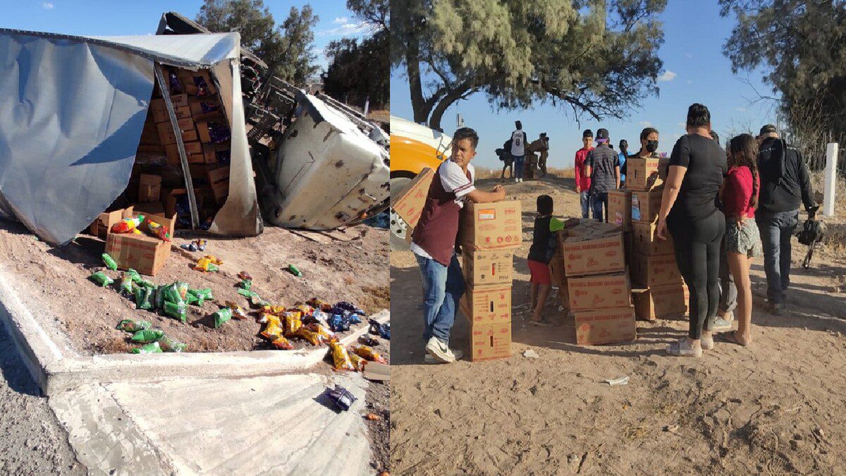 Tráiler cargado de frituras se vuelca en Durango