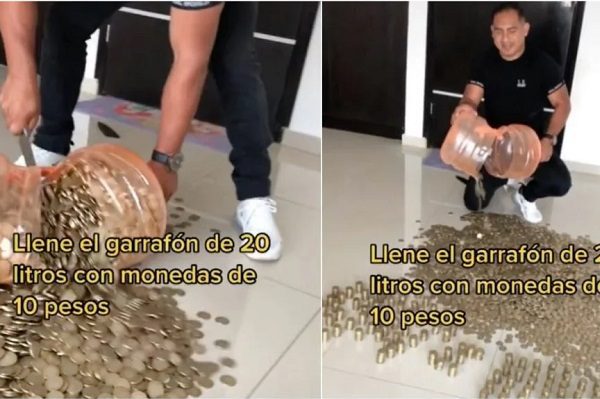 Esto fue lo que un hombre juntó al ahorrar monedas de 10 pesos por dos años #VIDEO