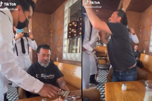 Molotov causa enojo en redes por 'pastelazo' a mesero #VIDEO