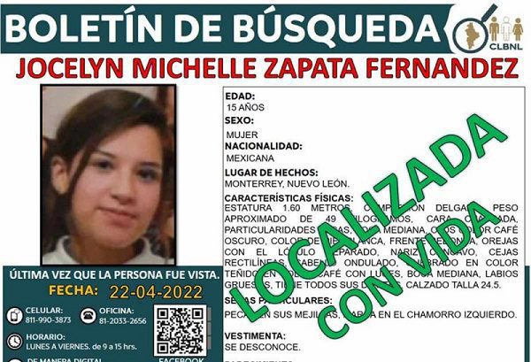 Localizan con vida a Jocelyn Michelle, joven 16 años desaparecida en NL