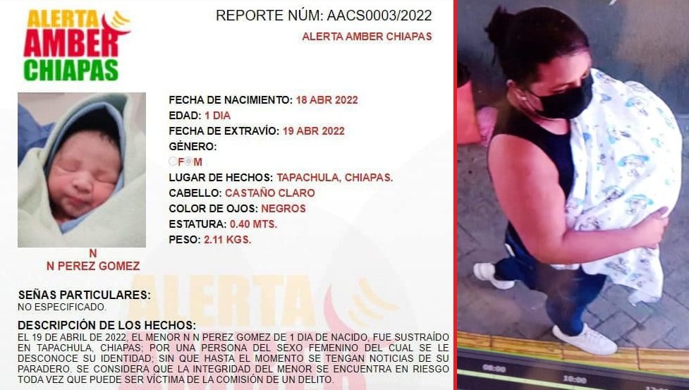 Alerta Amber por el robo de recién nacido en Tapachula, Chiapas