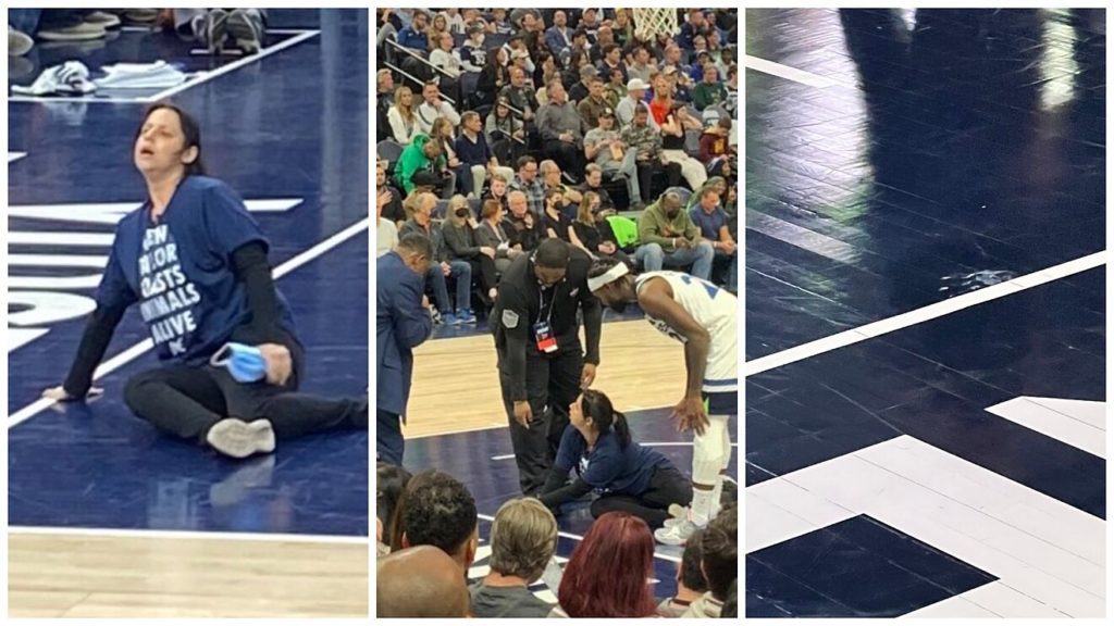 Mujer pega su mano a la cancha en un partido de la NBA