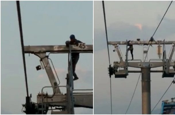 Sujeto cuando camina sobre torre del Cablebús, en Iztapalapa #VIDEO