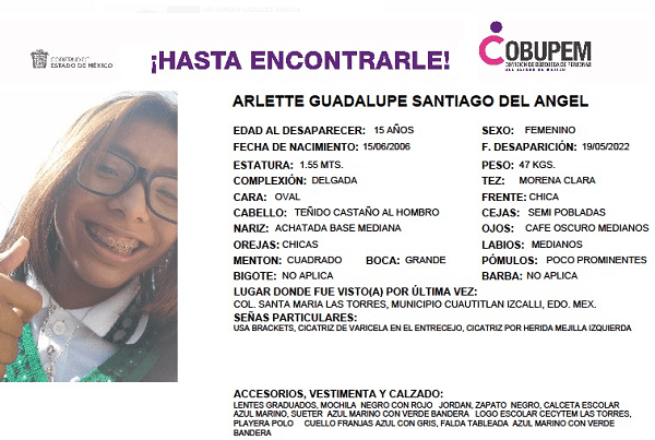 Buscan a Arlette Guadalupe, menor de 15 años desaparecida en Cuautitlán