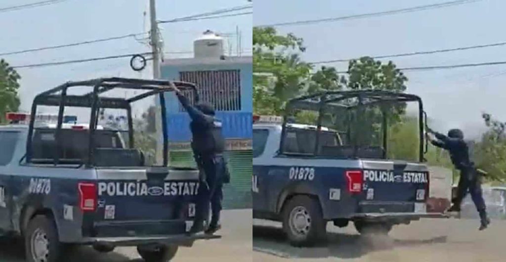 Policía de Oaxaca se cae de una patrulla