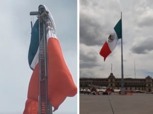 Bandera monumental del Zócalo se atora y bomberos la liberan #VIDEO
