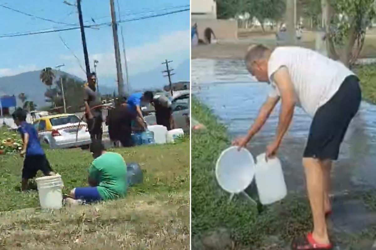 Pobladores en Apodaca acarrean agua de aspersores