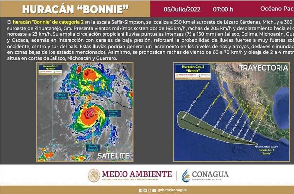 El huracán 'Bonnie', categoría 2, está frente a las costas de Guerrero y Michoacán