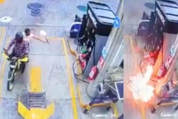 Sujetos en moto lanzan bombas molotov a gasolinera en Uruapan, Michoacán #VIDEO