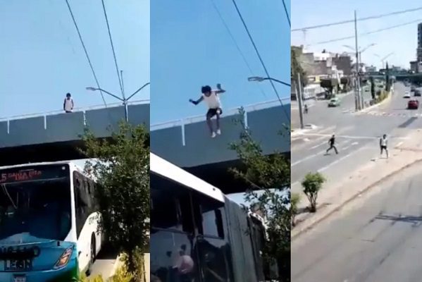 Joven salta desde puente al techo de autobús en movimiento, en Guanajuato #VIDEO