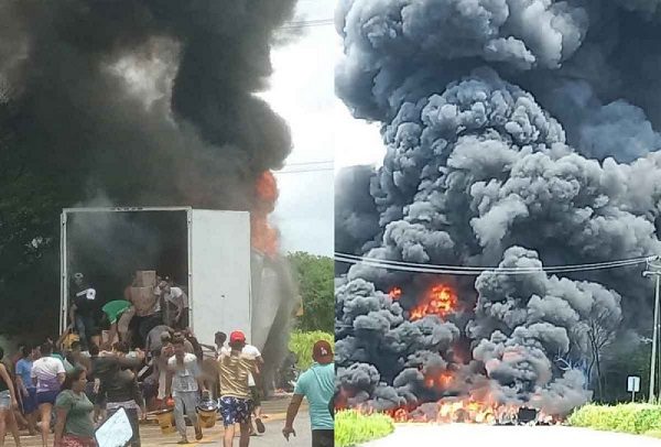 Pobladores rapiñan tráiler en llamas en carretera de Campeche #VIDEO