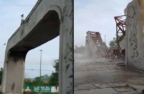 Se desploma en plena carretera arco de bienvenida a Coatzintla, Veracruz #VIDEO