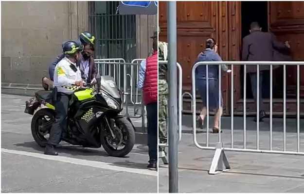 Rosa Icela Rodríguez, titular de la SSPC, llega en moto y entra corriendo a Palacio Nacional