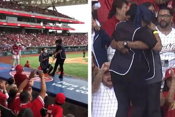 ¡Triunfó el amor! Trabajadores de limpieza se comprometen en juego Diablos Rojos #VIDEO