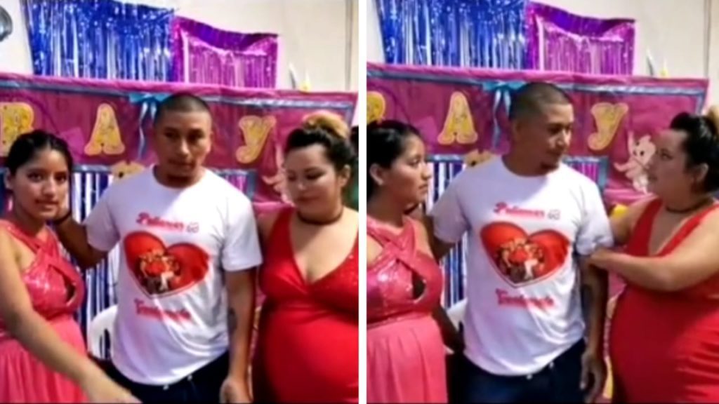 Hombre festeja doble baby shower con sus dos esposas
